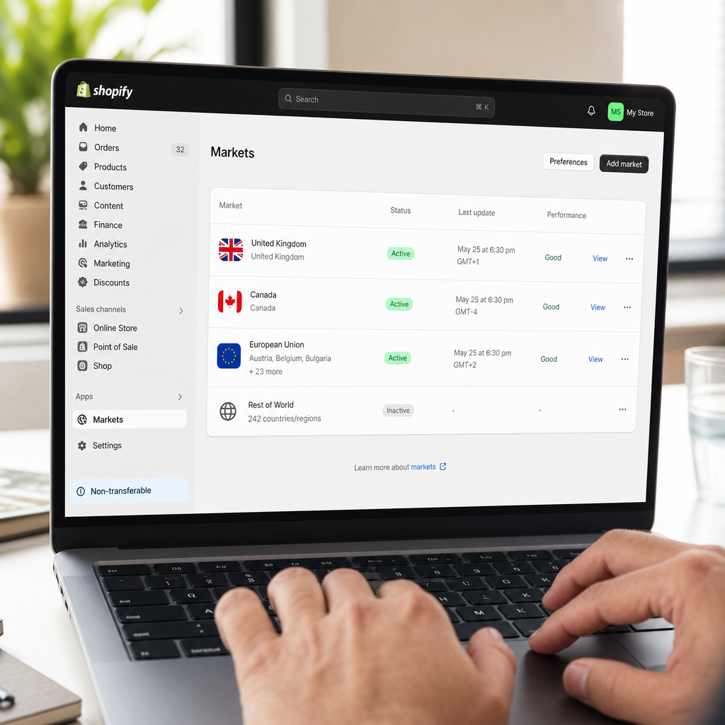 Nahaufnahme eines Shopify-Admin-Bildschirms auf einem Laptop, der die Markteinstellungen-Seite mit mehreren internationalen Märkten (UK, Kanada, EU) zeigt, Hände auf der Tastatur, helles Büroumfeld, fotorealistisch, keine Textüberlagerungen.