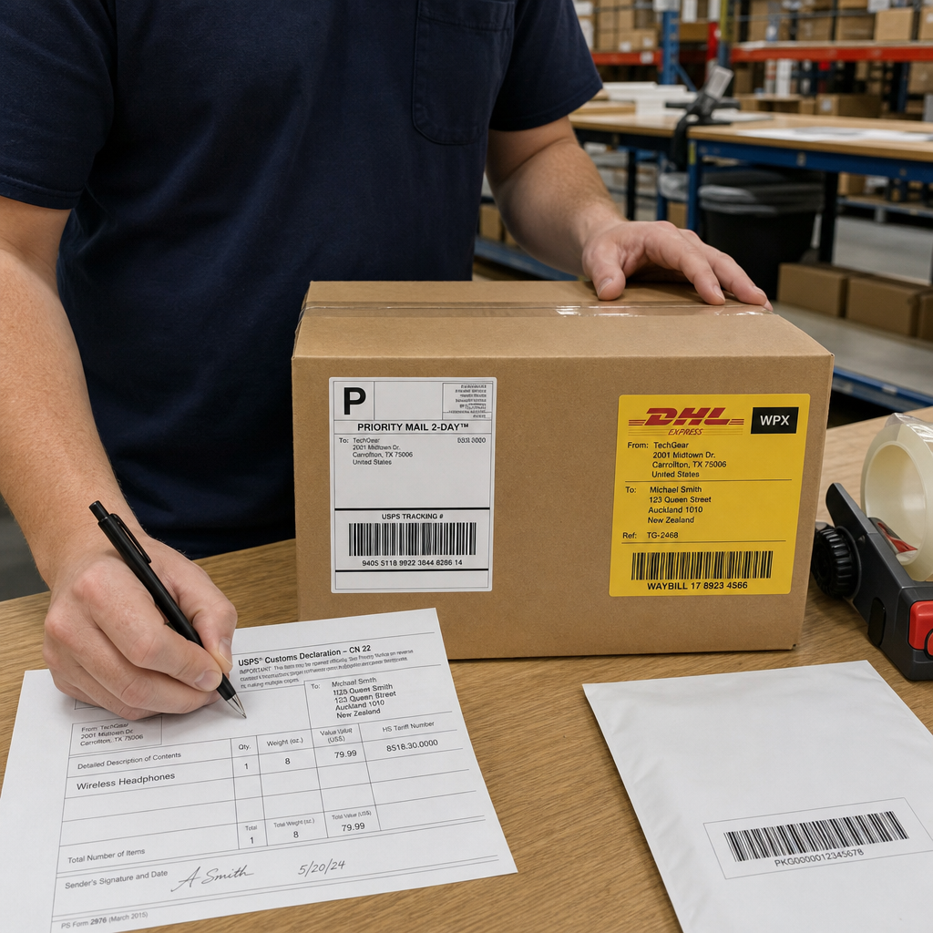 US-Einzelhändler packt einen Kartonversandbehälter auf einem Tisch im Lager, mit sichtbaren DHL- und USPS-Versandetiketten, internationales Zollformular wird ausgefüllt, praktische Lagerbeleuchtung, fotorealistisch