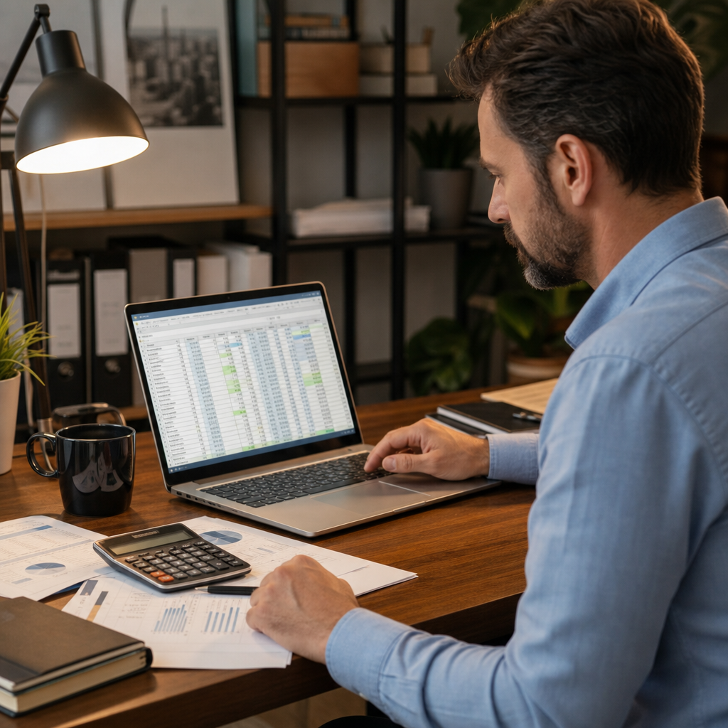 Kleinunternehmer, der eine Tabelle mit internationalen Mehrwertsteuer- und Steuerverpflichtungen auf einem Laptop an einem modernen Schreibtisch überprüft, Taschenrechner und Unterlagen in der Nähe, konzentrierter Ausdruck, warmes Büroleuchten, fotorealistisch, keine Textüberlagerungen