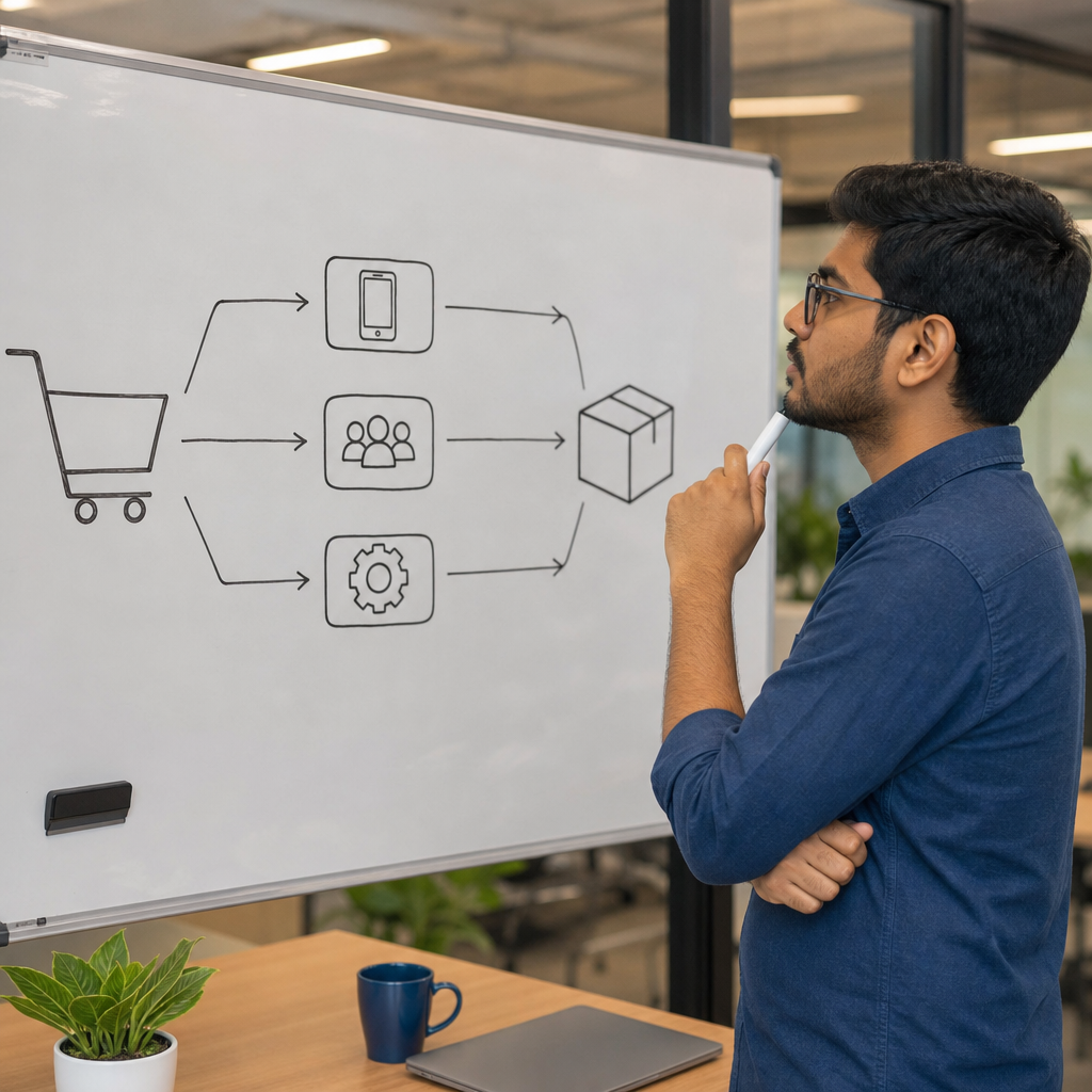 Developer in a modern Indian office comparing three paths on a whiteboard diagram: app, aggregator, custom API, connecting a shopping cart icon to a parcel icon, photorealistic, no readable text