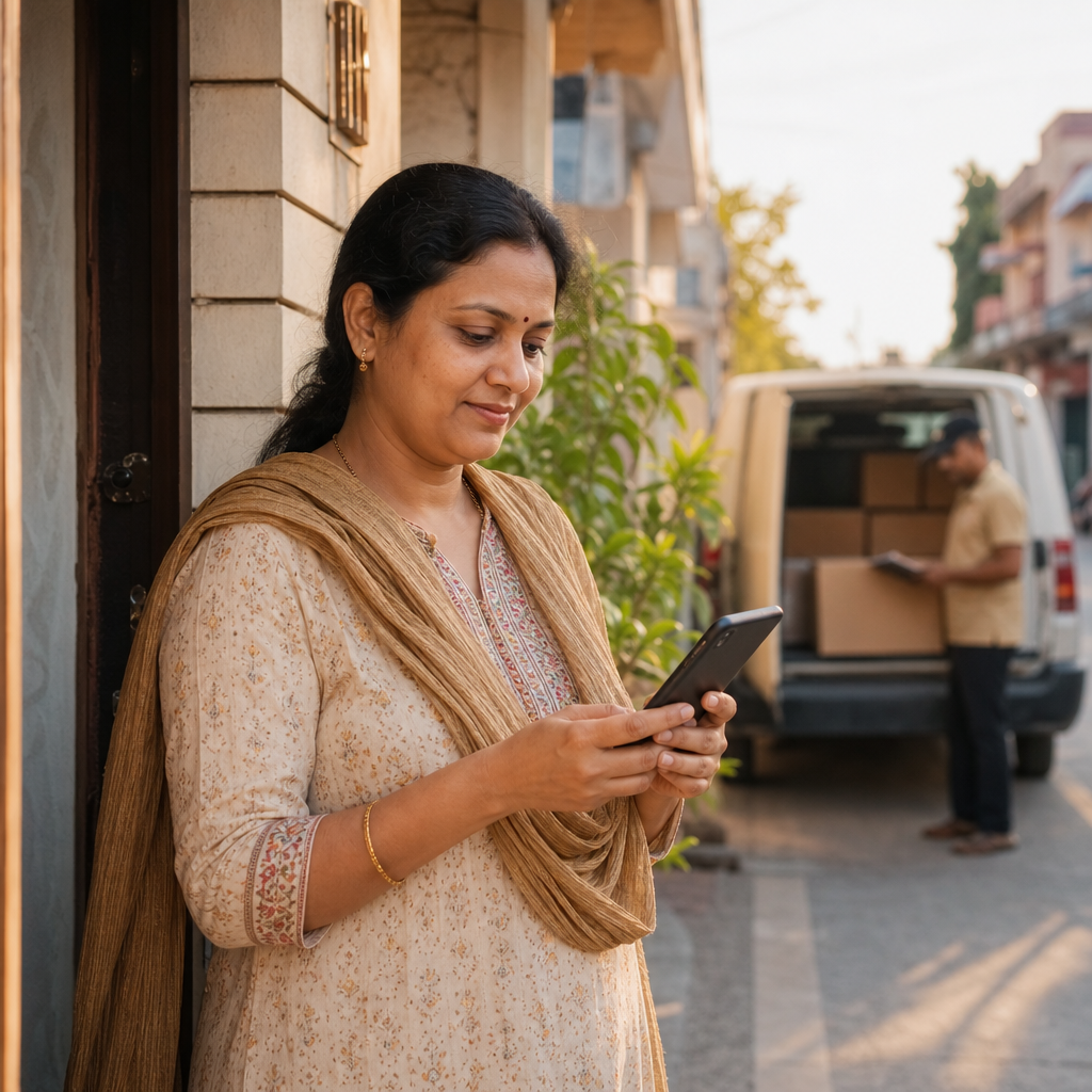 Customer in a small Indian town checking parcel tracking on a smartphone outside her home, delivery van blurred in background, warm afternoon light, photorealistic, no text