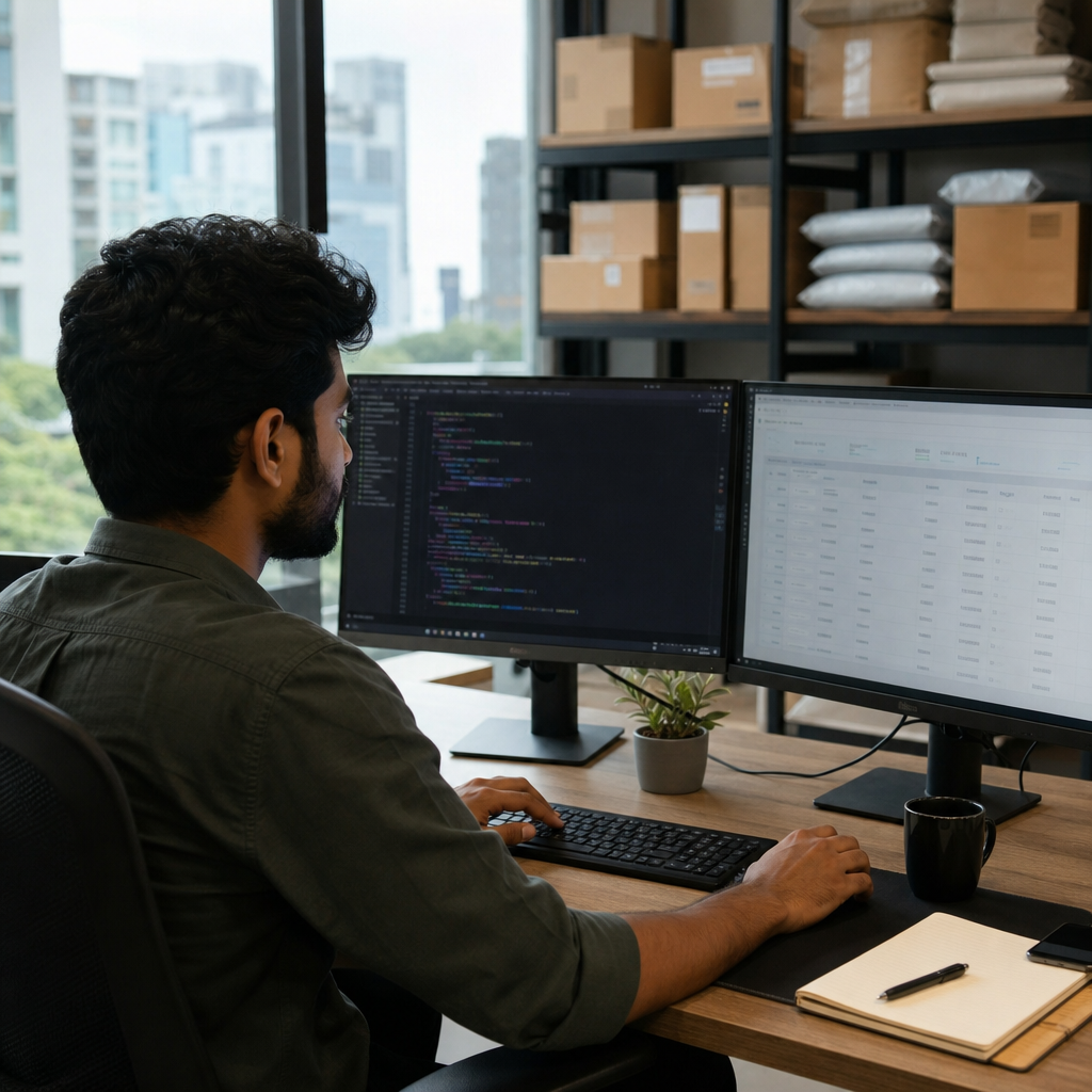 Shopify developer and store owner reviewing middleware code and shipment data on two monitors in a Kochi office, parcels on a shelf behind, photorealistic, no readable text