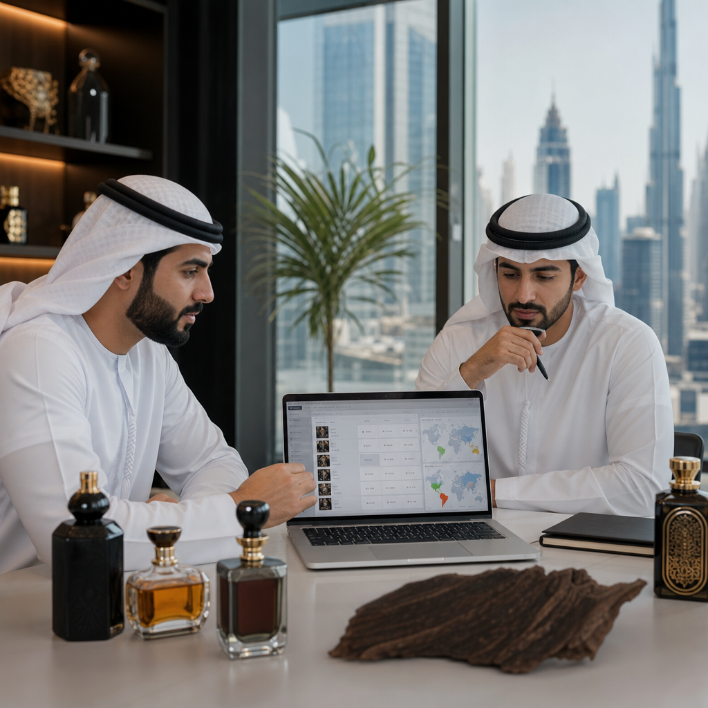 Two Emirati founders at a desk reviewing a laptop showing an online store admin with country markets, oud perfume bottles beside them, modern Dubai office, photorealistic, no text