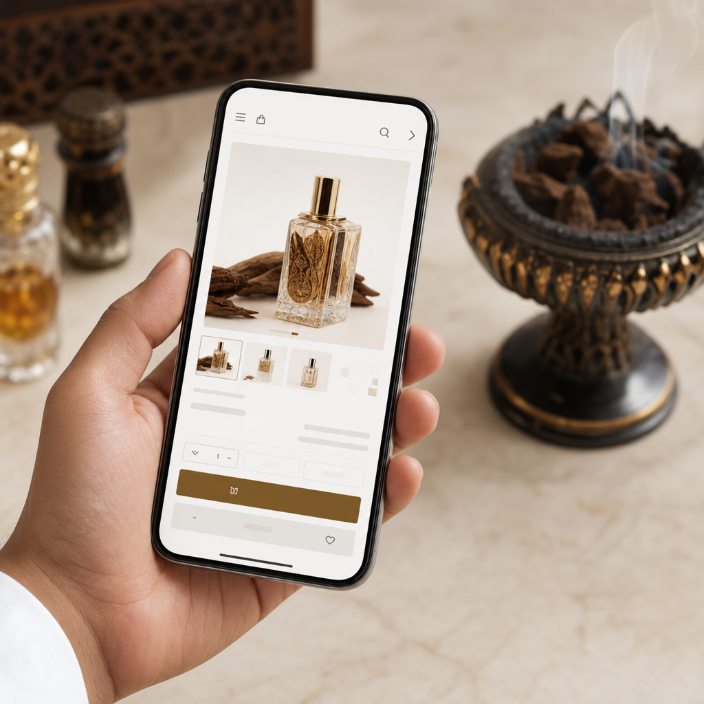 Close-up of a hand holding a smartphone displaying a right-to-left Arabic perfume product page, bakhoor burner and fragrance bottles in soft background, photorealistic, no text