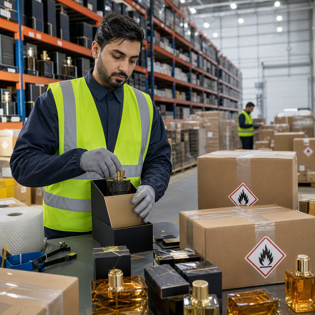 Warehouse worker in Riyadh packing perfume boxes with dangerous goods labels on parcels, shelves of fragrance stock, bright logistics facility, photorealistic, no text