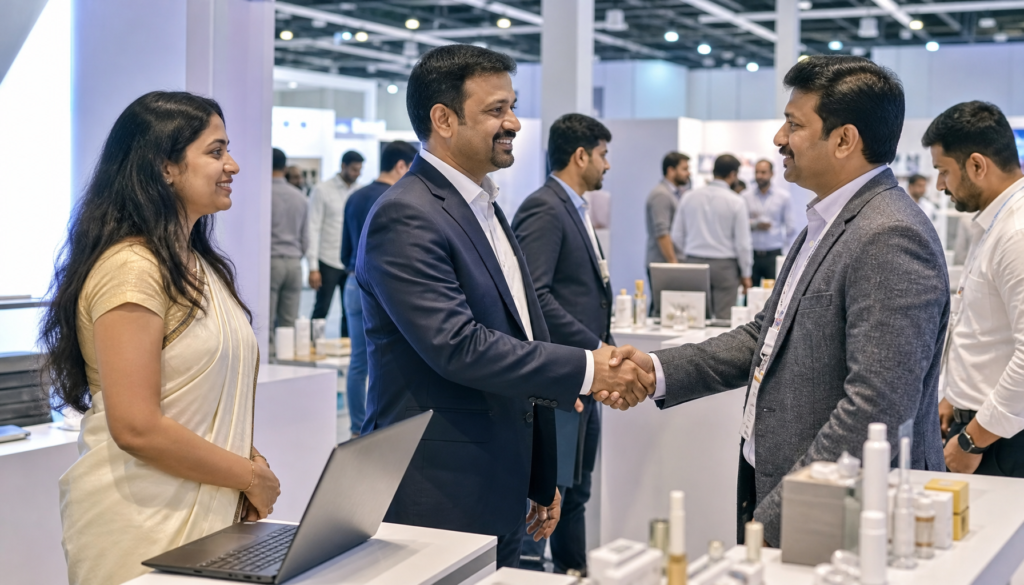 Business professionals from Kerala networking and shaking hands in a bright, modern trade centre exhibition hall in Calicut, laptops and product samples on stands, photorealistic, no text