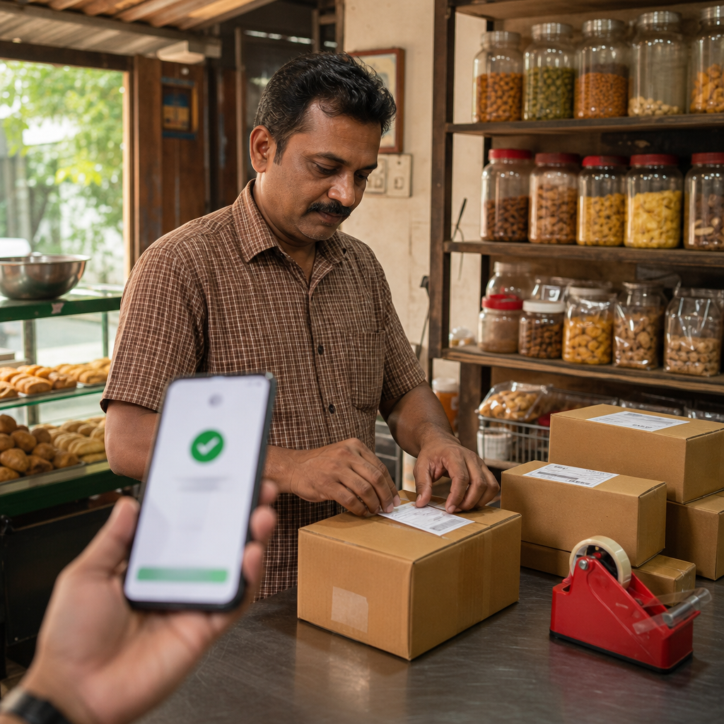 Small Kozhikode snack shop owner packing online orders with courier labels while a phone shows a UPI payment confirmation, warm practical lighting, photorealistic, no text