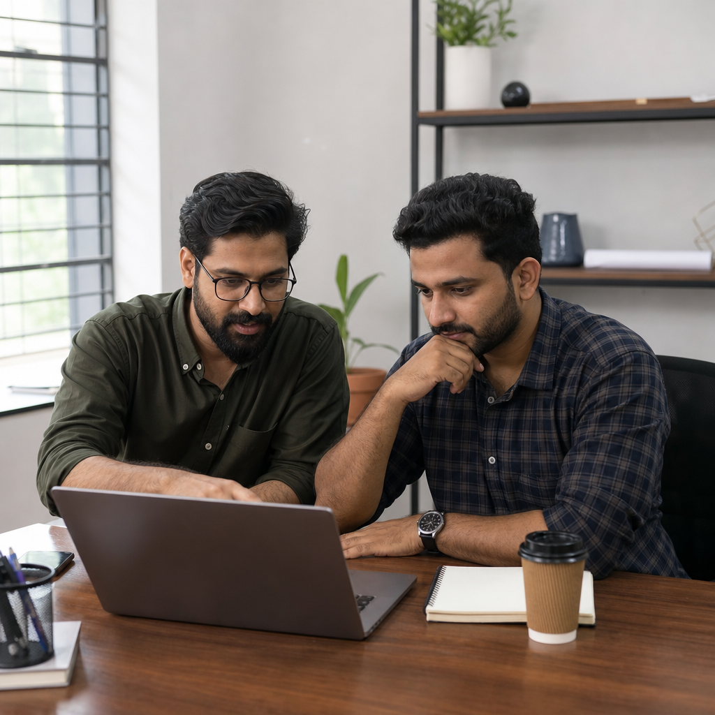 Business owner and a web developer reviewing a simple pilot plan on a laptop in a small Calicut office, notebook and coffee on the desk, photorealistic, no text