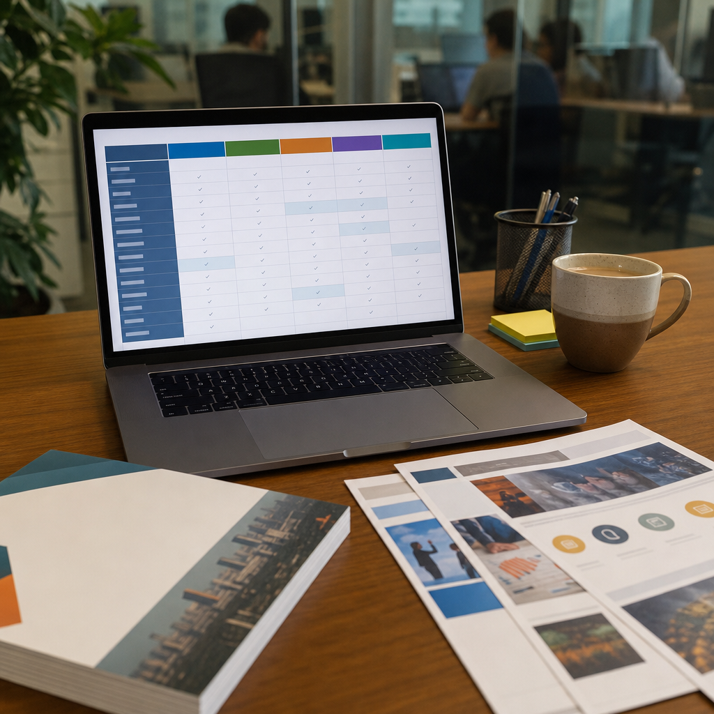 Laptop screen showing a comparison spreadsheet of agency columns beside printed proposals and a coffee cup on a wooden desk, Indian office setting, photorealistic, no readable text