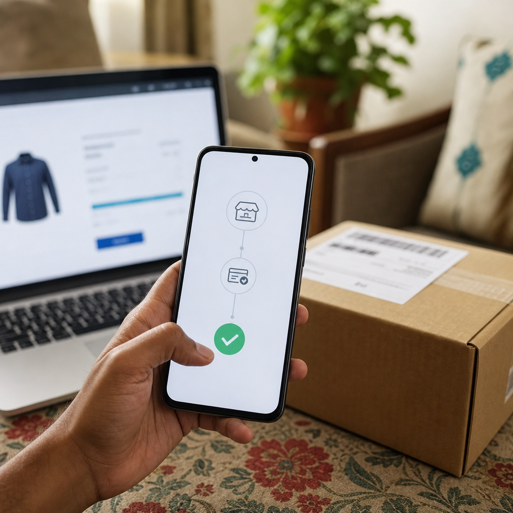Hand holding a mid-range Android phone paying via a UPI app on an online store checkout, with a parcel and shipping label on the table nearby, Indian home setting, photorealistic, no text