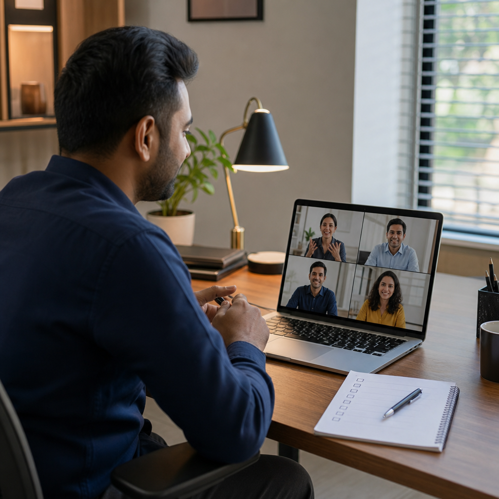 Indian business owner on a video call with an agency team, notepad with a checklist of questions beside the laptop, modern small office, photorealistic, no text