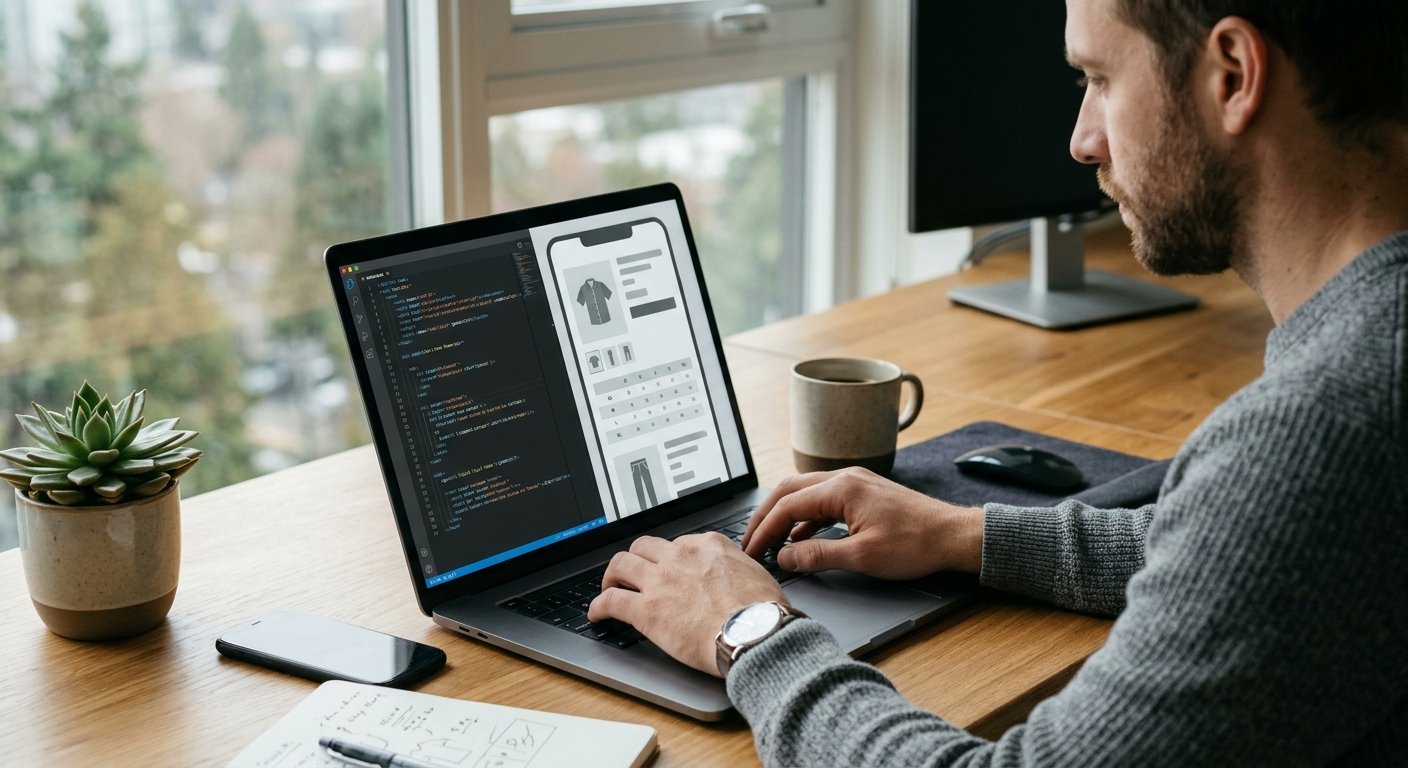 Developer's screen split between Liquid theme code and a mobile product page with a size chart, laptop on a wooden desk, photorealistic, no text