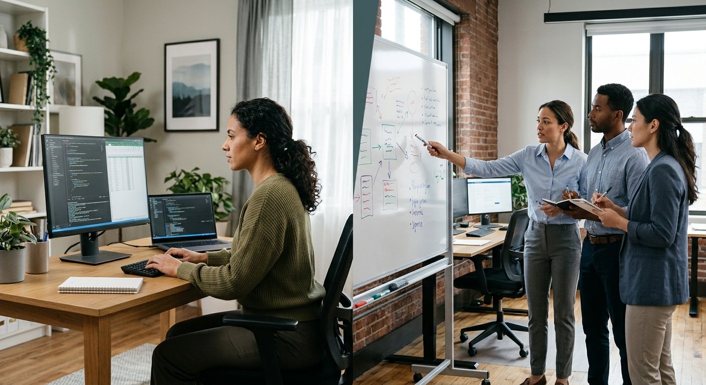 Freelance developer working alone at a home desk beside a small agency team collaborating around a whiteboard, split-scene composition, photorealistic, no text