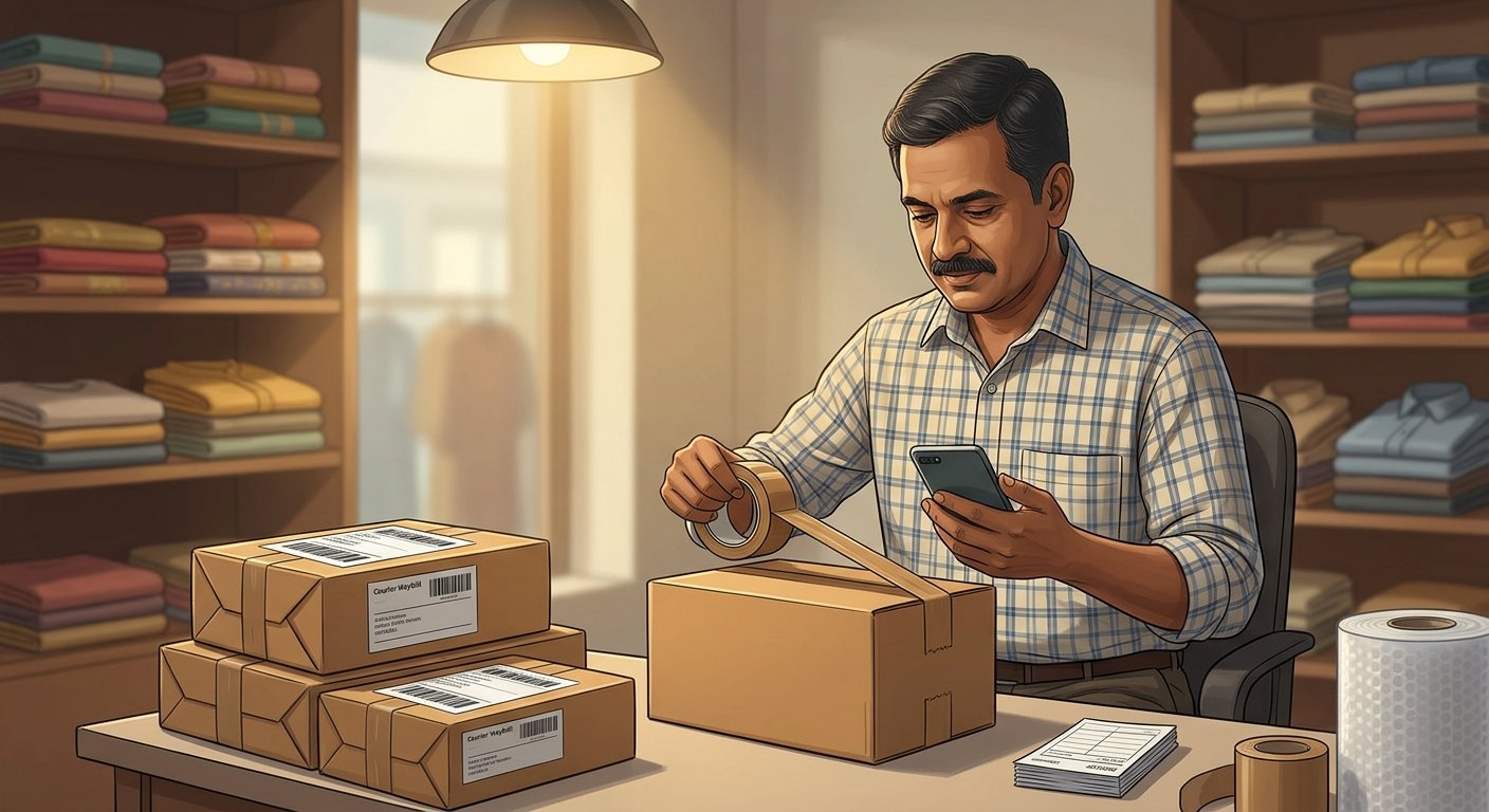 Kozhikode apparel shop owner packing COD parcels with courier labels while checking WhatsApp order confirmations on a phone, warm light, photorealistic, no text