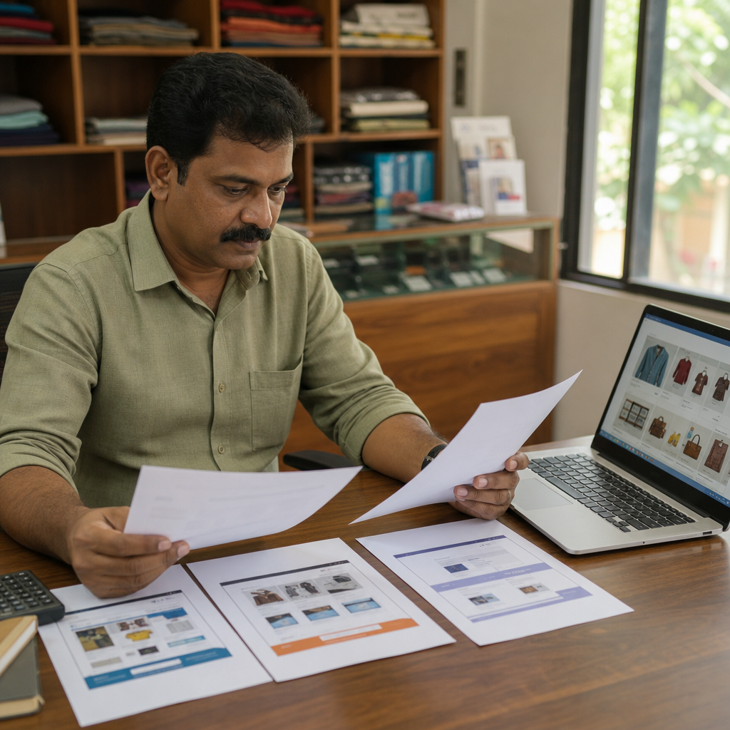 Kerala shop owner comparing printed proposals from three web development providers at a wooden desk, laptop open showing an online store, natural daylight, photorealistic, no text