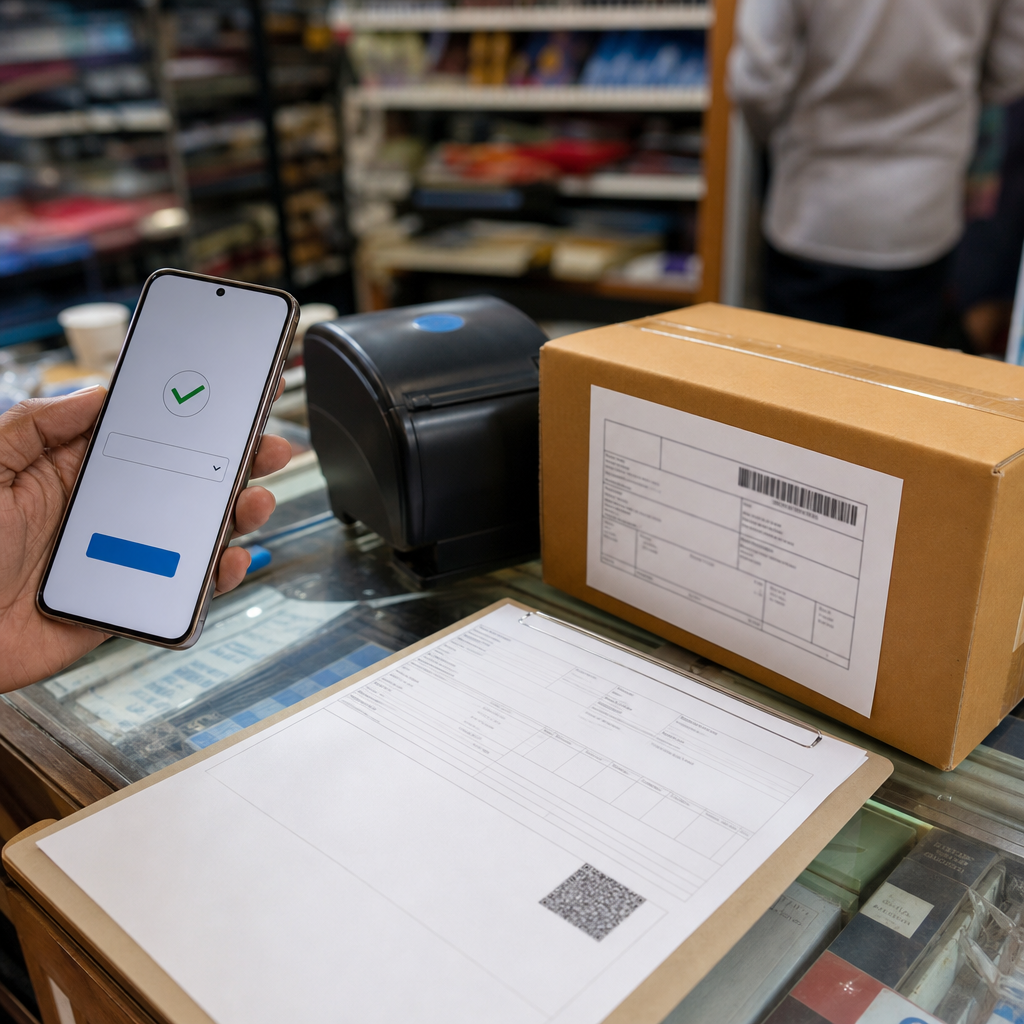 Smartphone showing a mobile checkout with UPI payment option beside a GST invoice printout and a courier parcel with shipping label, on a shop counter in India, photorealistic, no text