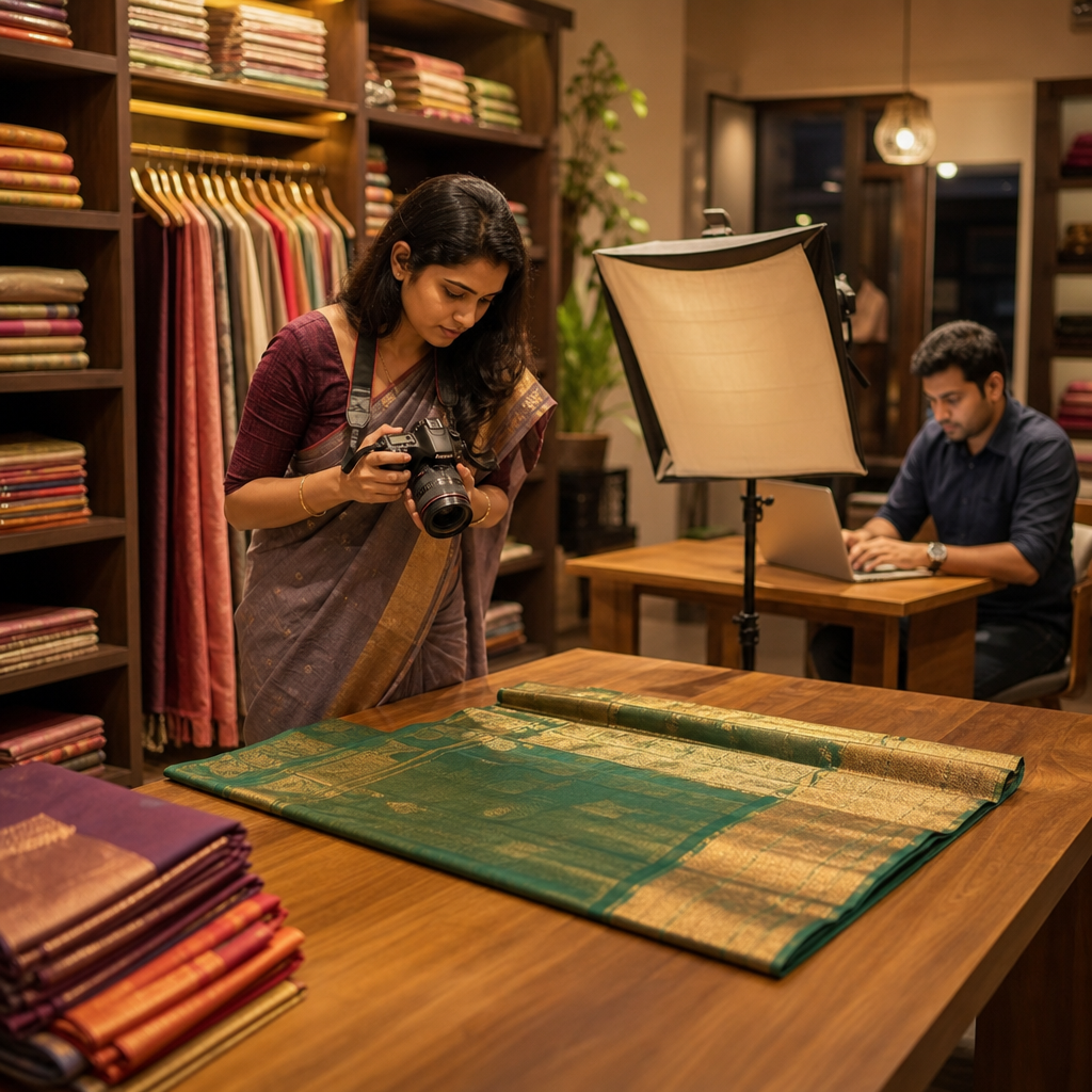 Saree boutique in Kochi with an owner photographing sarees for an online catalogue while a developer works on a laptop nearby, warm lighting, photorealistic, no text